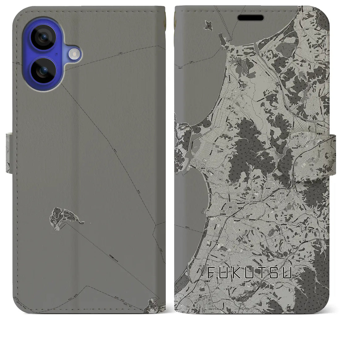 【福津(福岡県)】地図柄iPhoneケース(手帳タイプ)モノトーン・iPhone 16 Pro Max 用