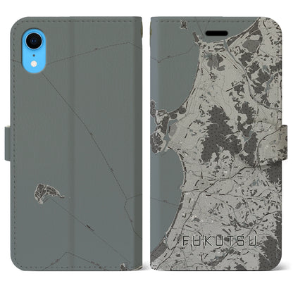 【福津（福岡県）】地図柄iPhoneケース（手帳タイプ）モノトーン・iPhone XR 用