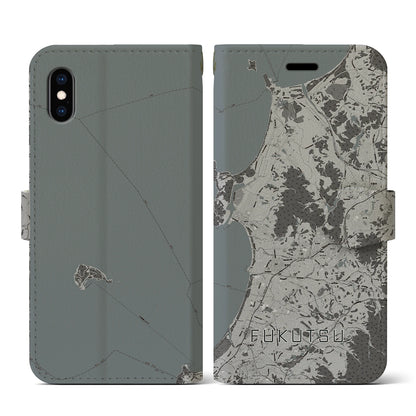 【福津（福岡県）】地図柄iPhoneケース（手帳タイプ）モノトーン・iPhone XS / X 用