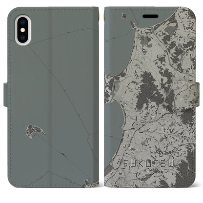 【福津（福岡県）】地図柄iPhoneケース（手帳タイプ）モノトーン・iPhone XS Max 用