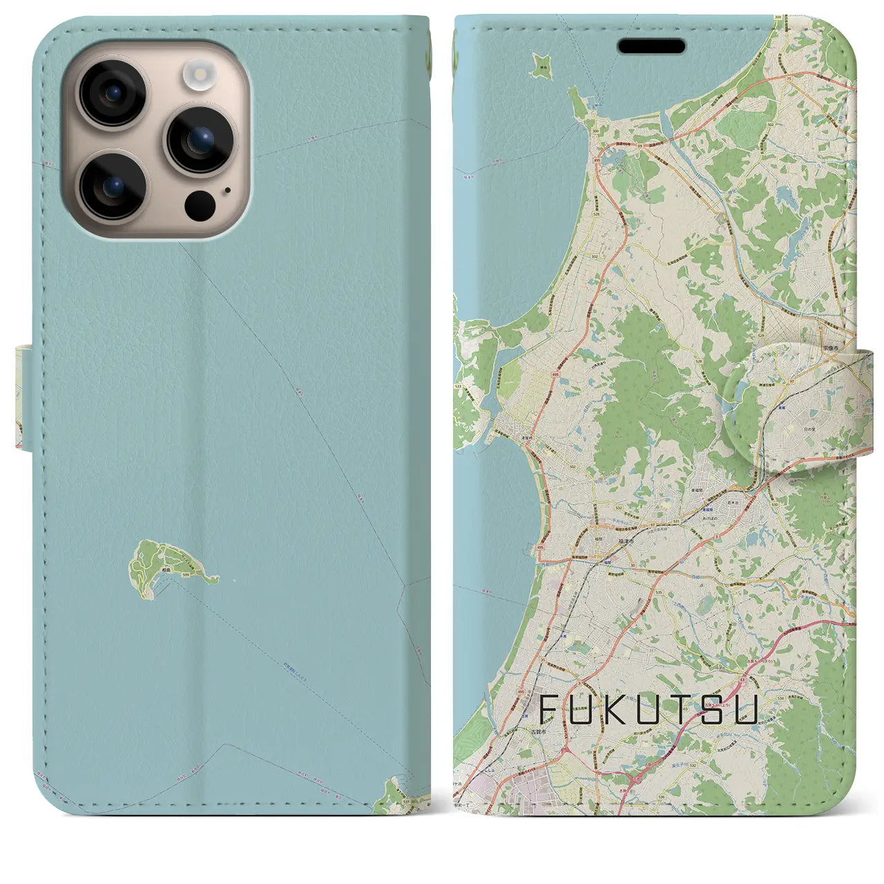 【福津（福岡県）】地図柄iPhoneケース（手帳タイプ）ナチュラル・iPhone 16 Plus 用