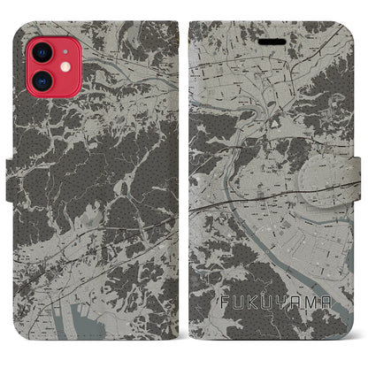 【福山（広島県）】地図柄iPhoneケース（手帳タイプ）モノトーン・iPhone 11 用