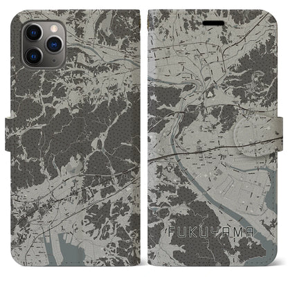 【福山（広島県）】地図柄iPhoneケース（手帳タイプ）モノトーン・iPhone 11 Pro Max 用