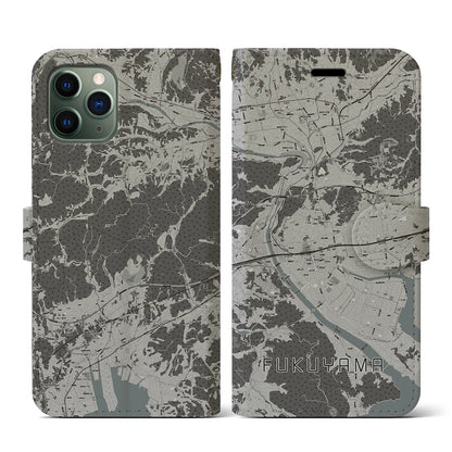 【福山（広島県）】地図柄iPhoneケース（手帳タイプ）モノトーン・iPhone 11 Pro 用