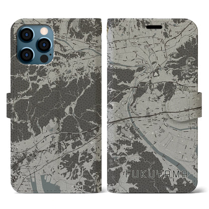 【福山（広島県）】地図柄iPhoneケース（手帳タイプ）モノトーン・iPhone 12 / 12 Pro 用