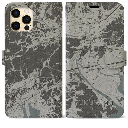 【福山（広島県）】地図柄iPhoneケース（手帳タイプ）モノトーン・iPhone 12 Pro Max 用