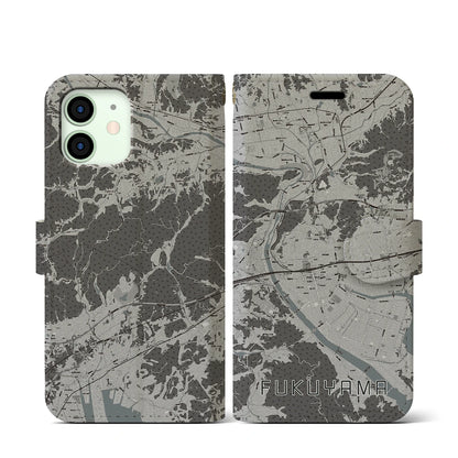 【福山（広島県）】地図柄iPhoneケース（手帳タイプ）モノトーン・iPhone 12 mini 用