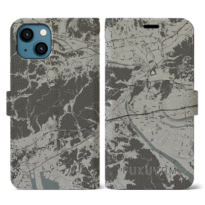 【福山（広島県）】地図柄iPhoneケース（手帳タイプ）モノトーン・iPhone 13 用