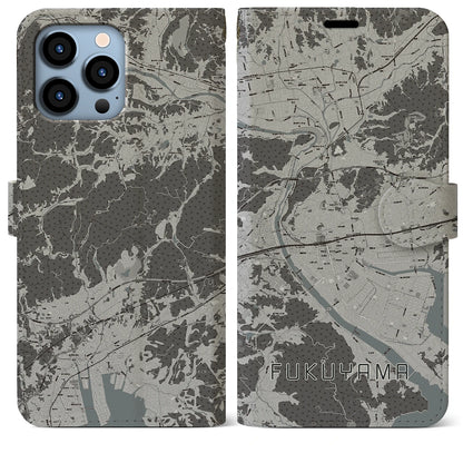 【福山（広島県）】地図柄iPhoneケース（手帳タイプ）モノトーン・iPhone 13 Pro Max 用