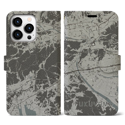 【福山（広島県）】地図柄iPhoneケース（手帳タイプ）モノトーン・iPhone 13 Pro 用
