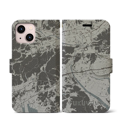 【福山（広島県）】地図柄iPhoneケース（手帳タイプ）モノトーン・iPhone 13 mini 用