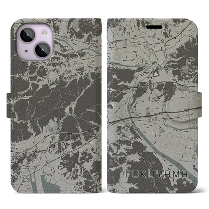【福山（広島県）】地図柄iPhoneケース（手帳タイプ）モノトーン・iPhone 14 用
