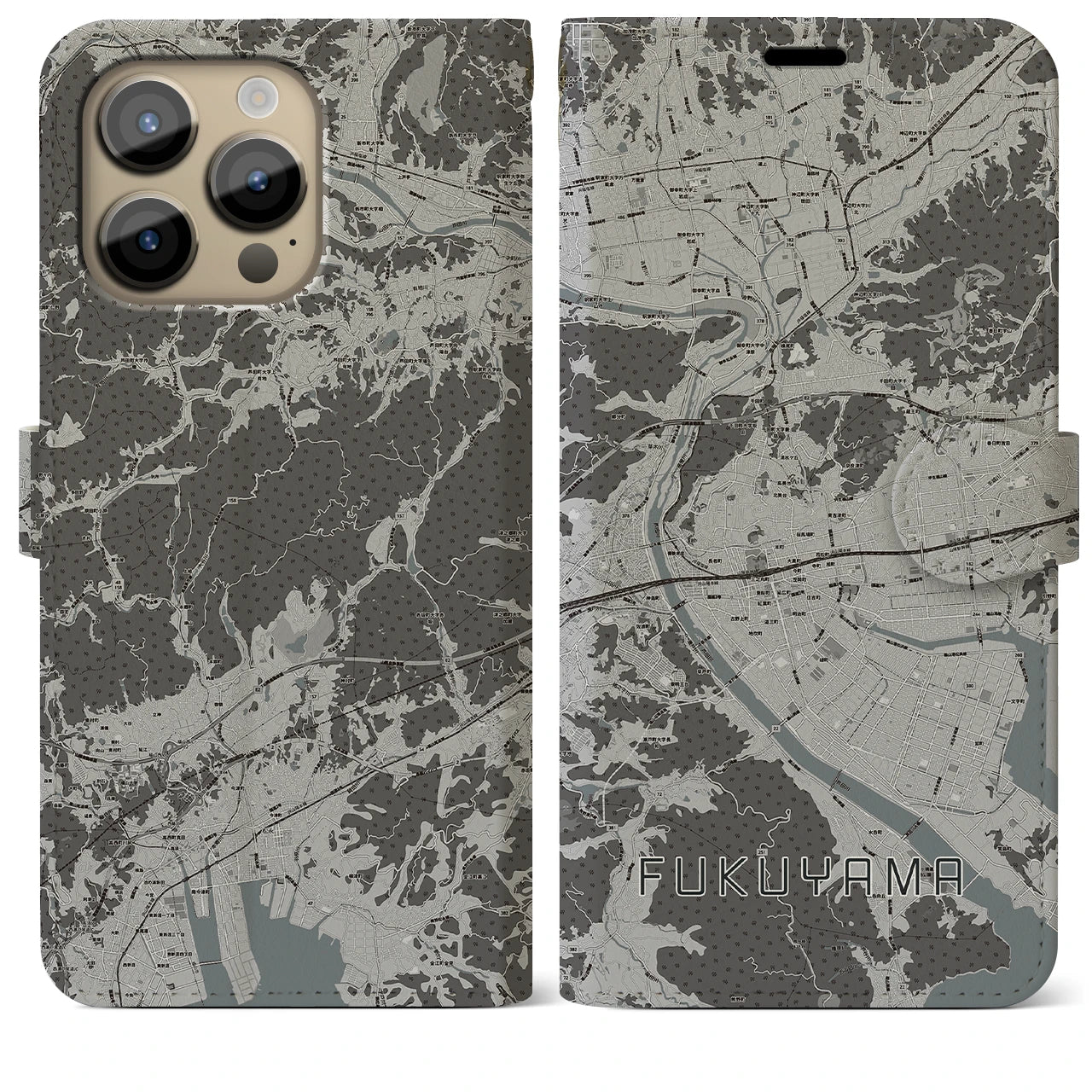 【福山】地図柄iPhoneケース（手帳両面タイプ・モノトーン）iPhone 14 Pro Max 用