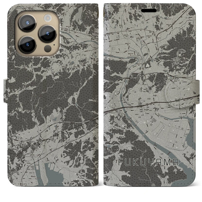 【福山（広島県）】地図柄iPhoneケース（手帳タイプ）モノトーン・iPhone 14 Pro Max 用