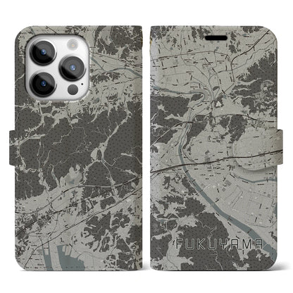 【福山（広島県）】地図柄iPhoneケース（手帳タイプ）モノトーン・iPhone 14 Pro 用