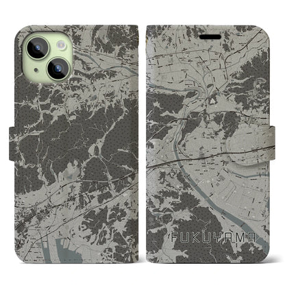 【福山（広島県）】地図柄iPhoneケース（手帳タイプ）モノトーン・iPhone 15 用