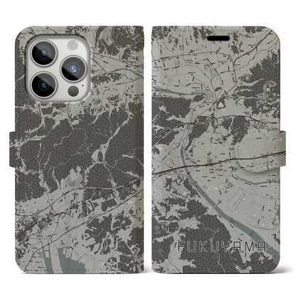 【福山（広島県）】地図柄iPhoneケース（手帳タイプ）モノトーン・iPhone 15 Pro 用