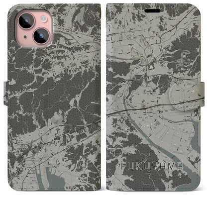 【福山（広島県）】地図柄iPhoneケース（手帳タイプ）モノトーン・iPhone 15 Plus 用