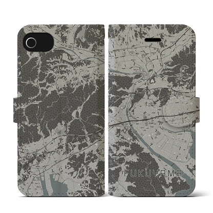 【福山（広島県）】地図柄iPhoneケース（手帳タイプ）モノトーン・iPhone SE（第3 / 第2世代） / 8 / 7 / 6s / 6 用