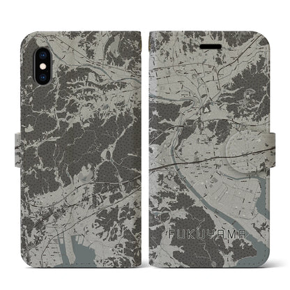 【福山（広島県）】地図柄iPhoneケース（手帳タイプ）モノトーン・iPhone XS / X 用