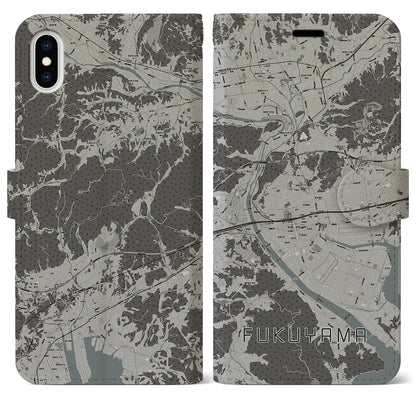 【福山（広島県）】地図柄iPhoneケース（手帳タイプ）モノトーン・iPhone XS Max 用