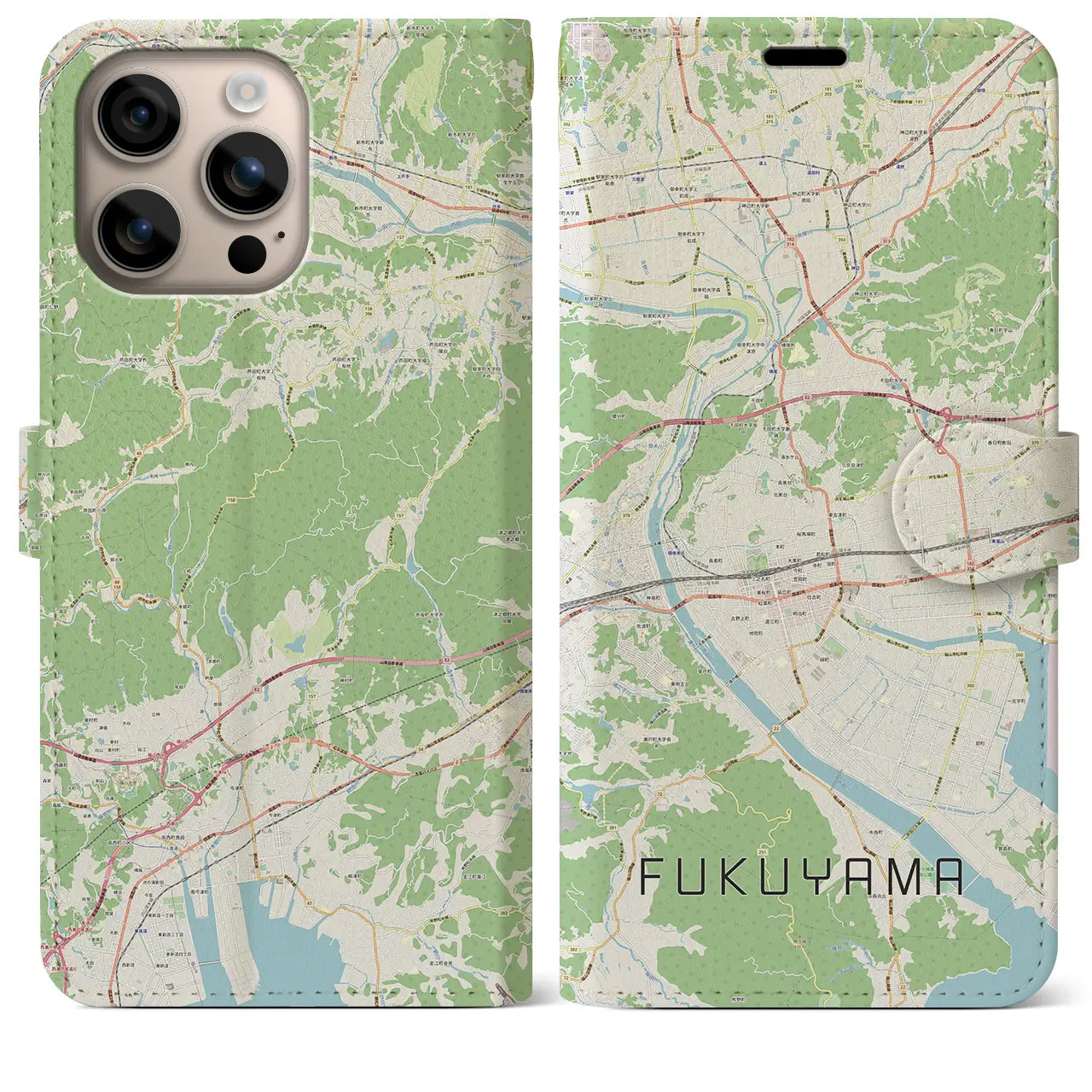 【福山（広島県）】地図柄iPhoneケース（手帳タイプ）ナチュラル・iPhone 16 Plus 用