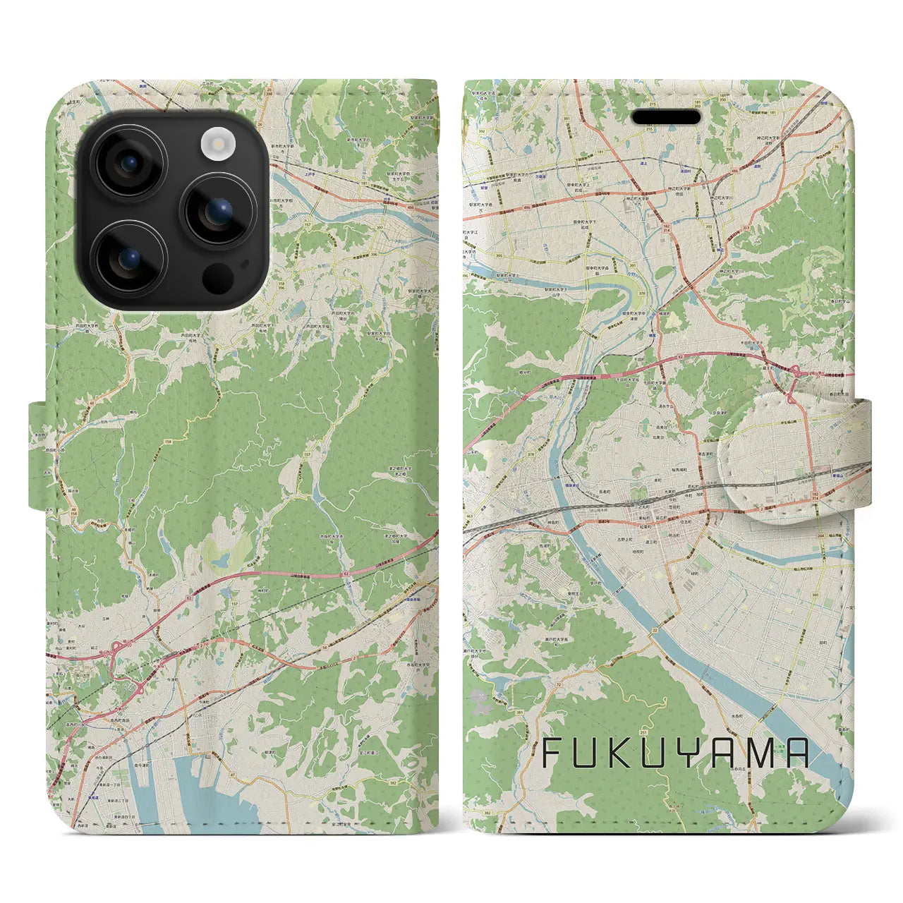 【福山（広島県）】地図柄iPhoneケース（手帳タイプ）ナチュラル・iPhone 16 用