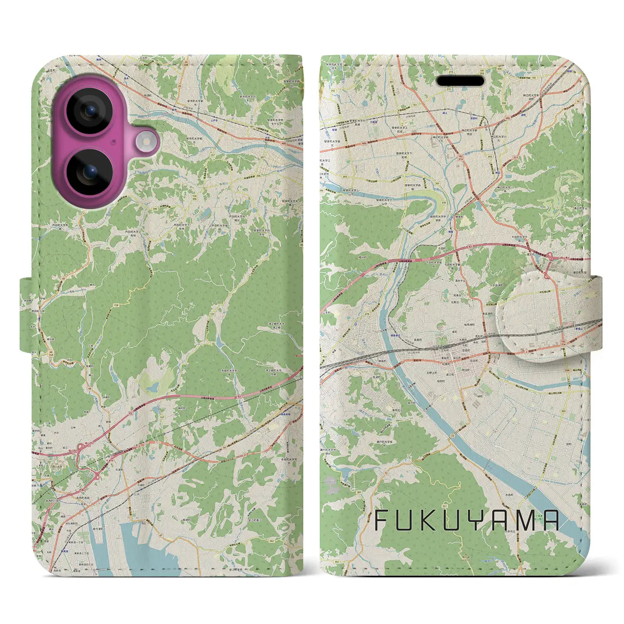 【福山（広島県）】地図柄iPhoneケース（手帳タイプ）ナチュラル・iPhone 16 Pro 用