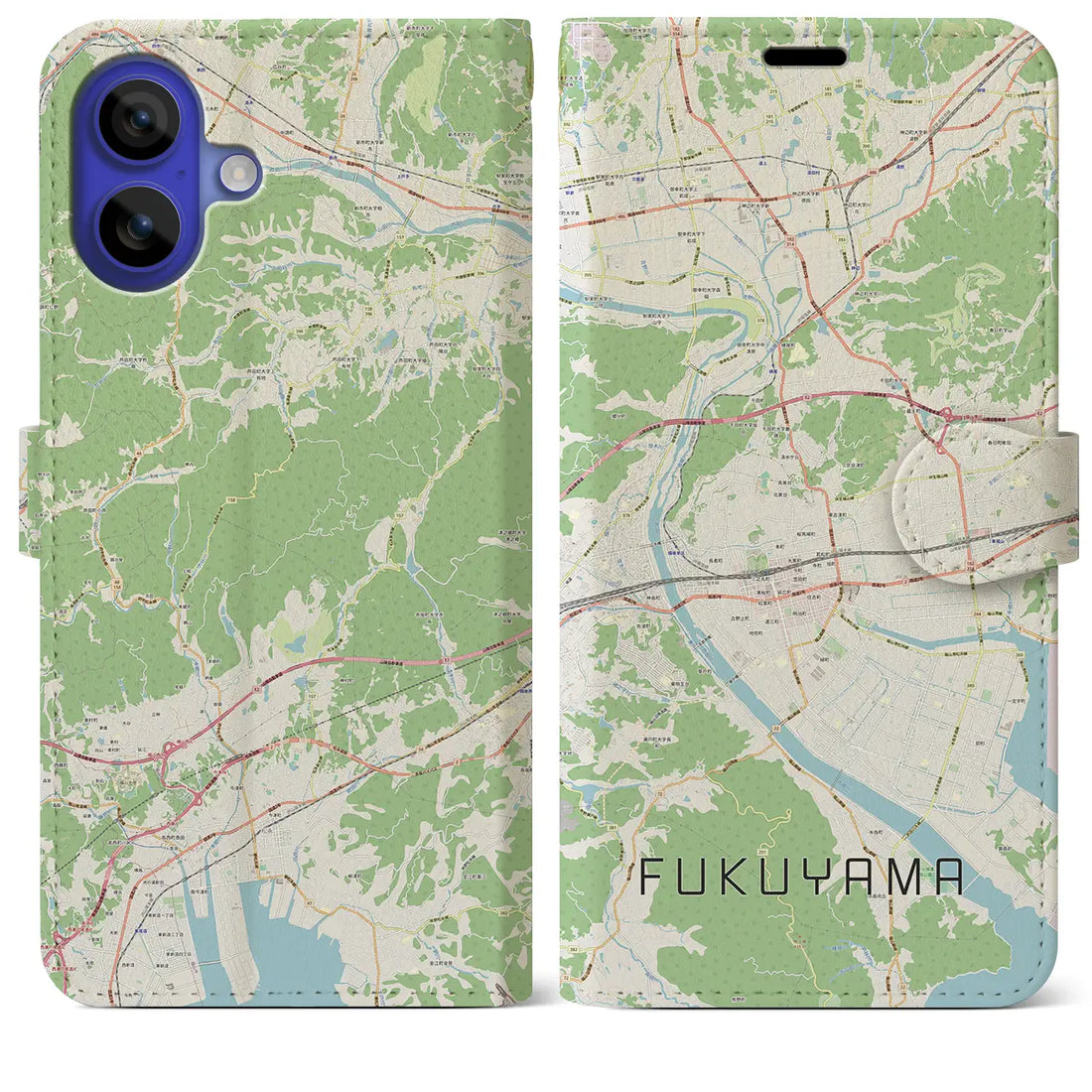 【福山（広島県）】地図柄iPhoneケース（手帳タイプ）ナチュラル・iPhone 16 Pro Max 用