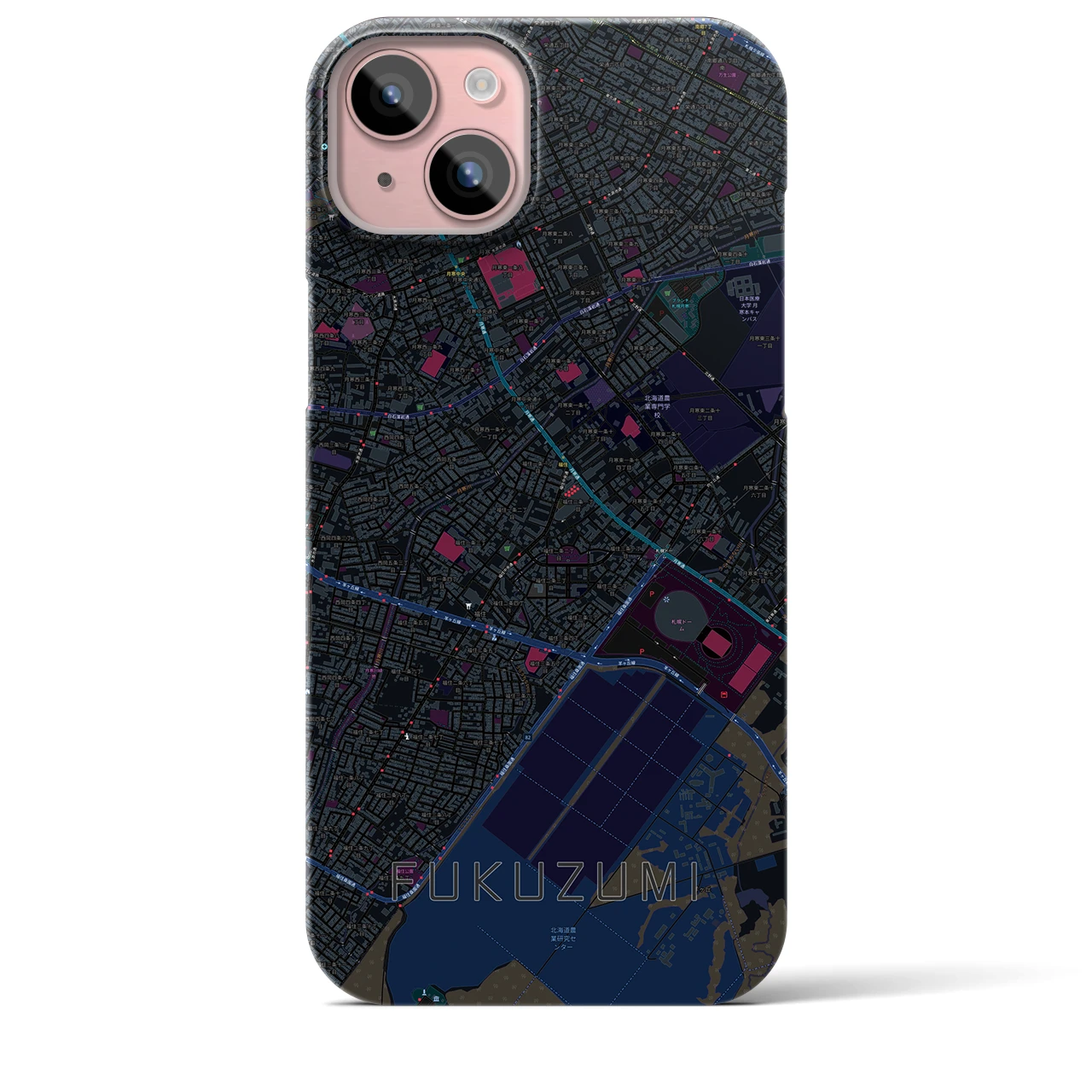 【福住（北海道）】地図柄iPhoneケース（バックカバータイプ）ブラック・iPhone 15 Plus 用