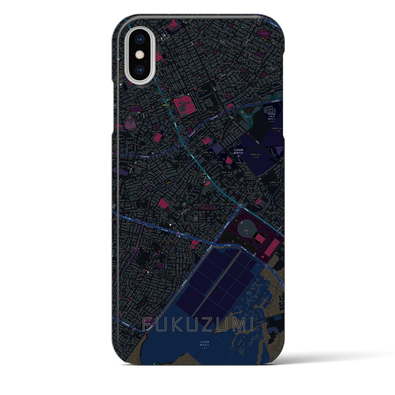 【福住（北海道）】地図柄iPhoneケース（バックカバータイプ）ブラック・iPhone XS Max 用