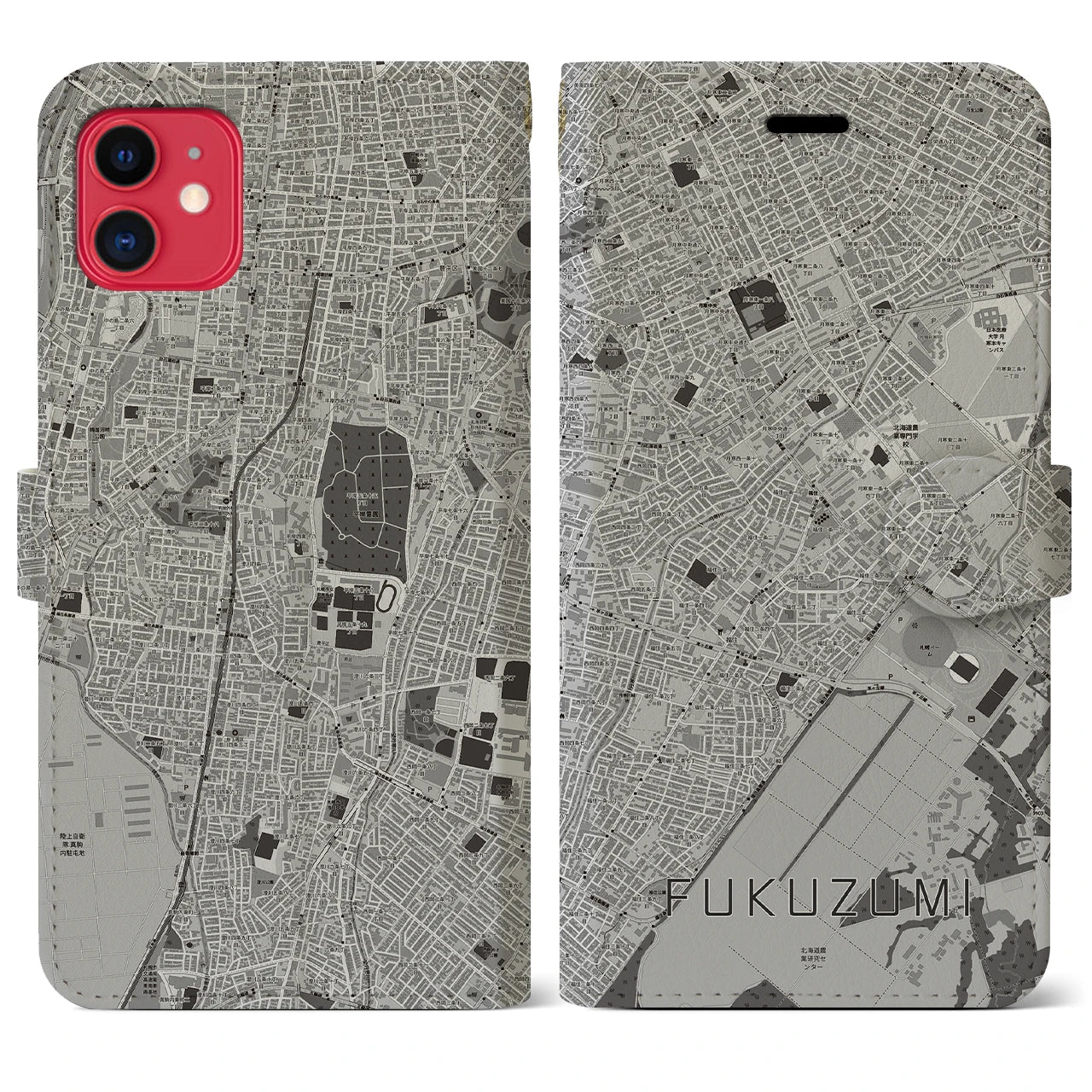 【福住（北海道）】地図柄iPhoneケース（手帳タイプ）モノトーン・iPhone 11 用