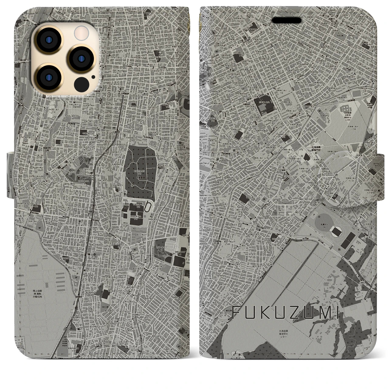 【福住（北海道）】地図柄iPhoneケース（手帳タイプ）モノトーン・iPhone 12 Pro Max 用