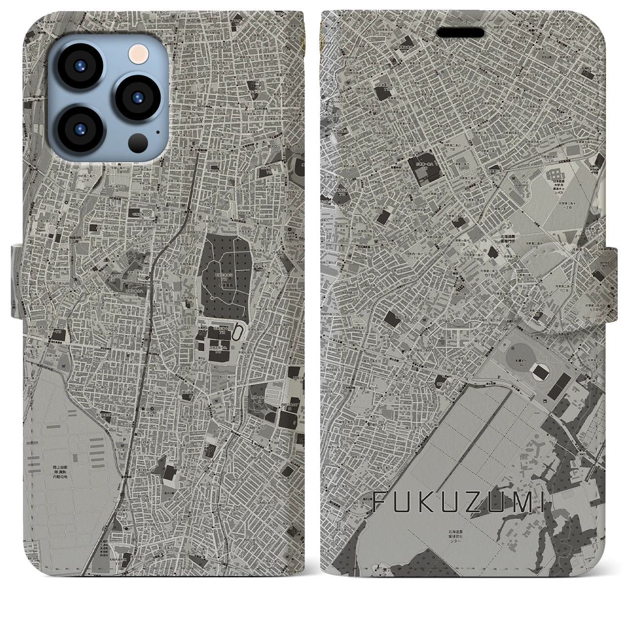 【福住（北海道）】地図柄iPhoneケース（手帳タイプ）モノトーン・iPhone 13 Pro Max 用