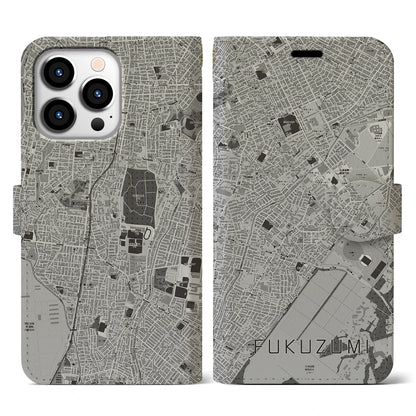 【福住（北海道）】地図柄iPhoneケース（手帳タイプ）モノトーン・iPhone 13 Pro 用