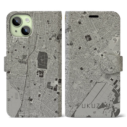 【福住（北海道）】地図柄iPhoneケース（手帳タイプ）モノトーン・iPhone 15 用