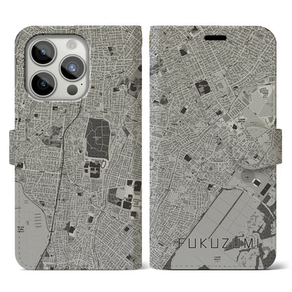 【福住（北海道）】地図柄iPhoneケース（手帳タイプ）モノトーン・iPhone 15 Pro 用