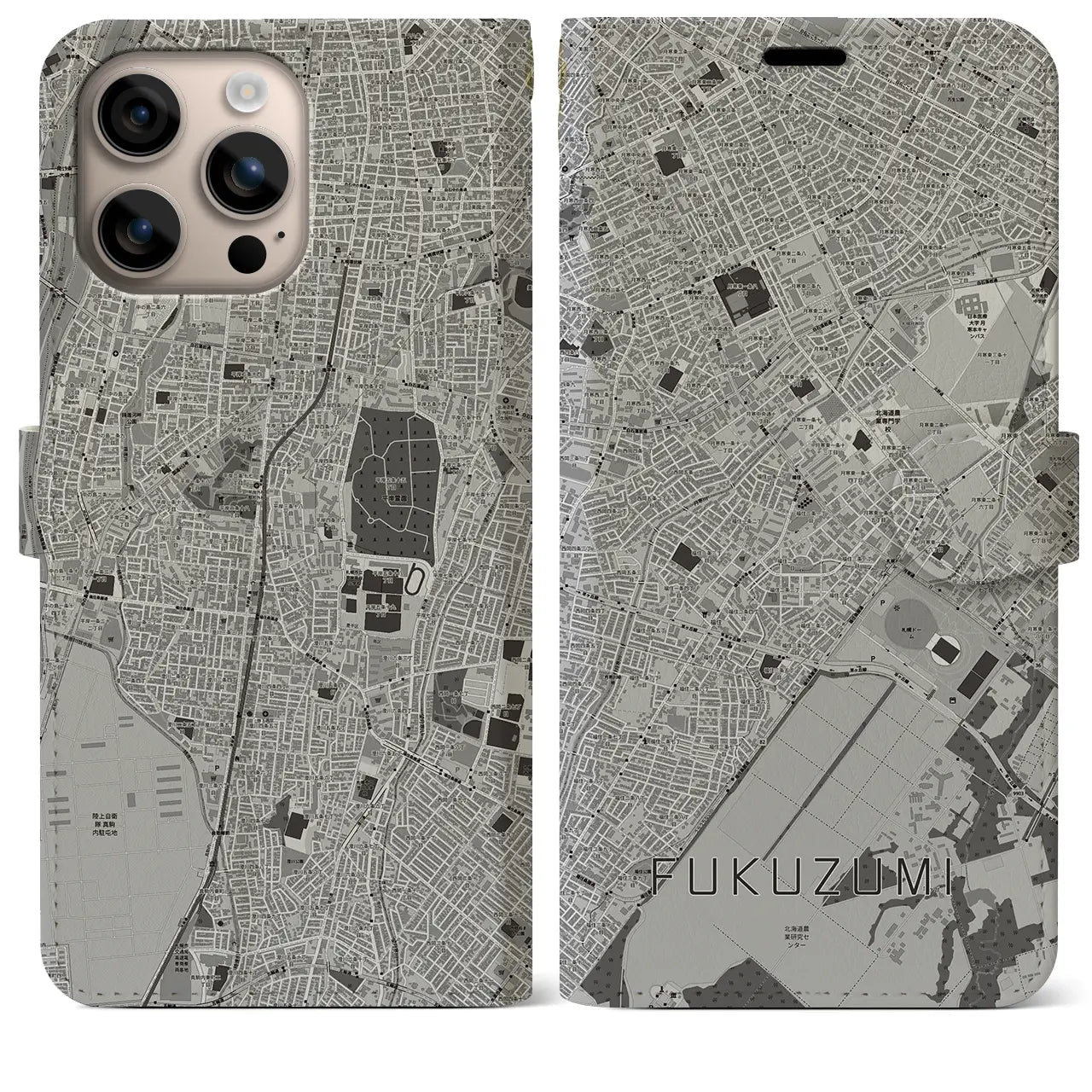 【福住（北海道）】地図柄iPhoneケース（手帳タイプ）モノトーン・iPhone 16 Plus 用