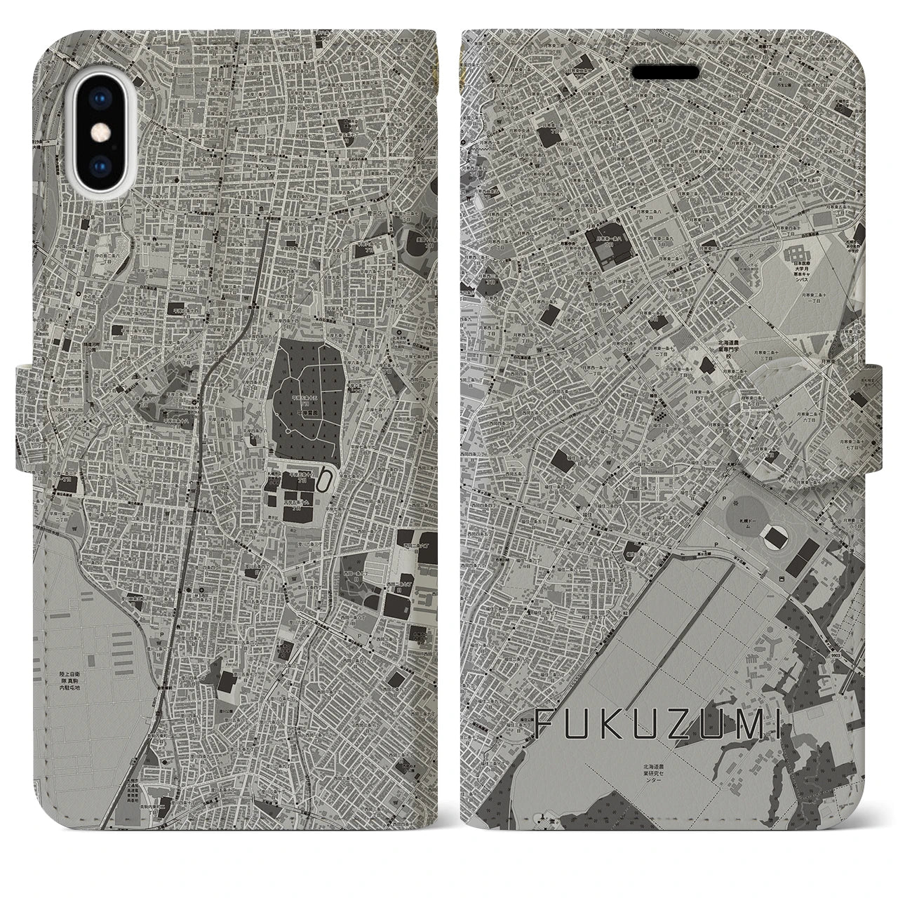 【福住（北海道）】地図柄iPhoneケース（手帳タイプ）モノトーン・iPhone XS Max 用