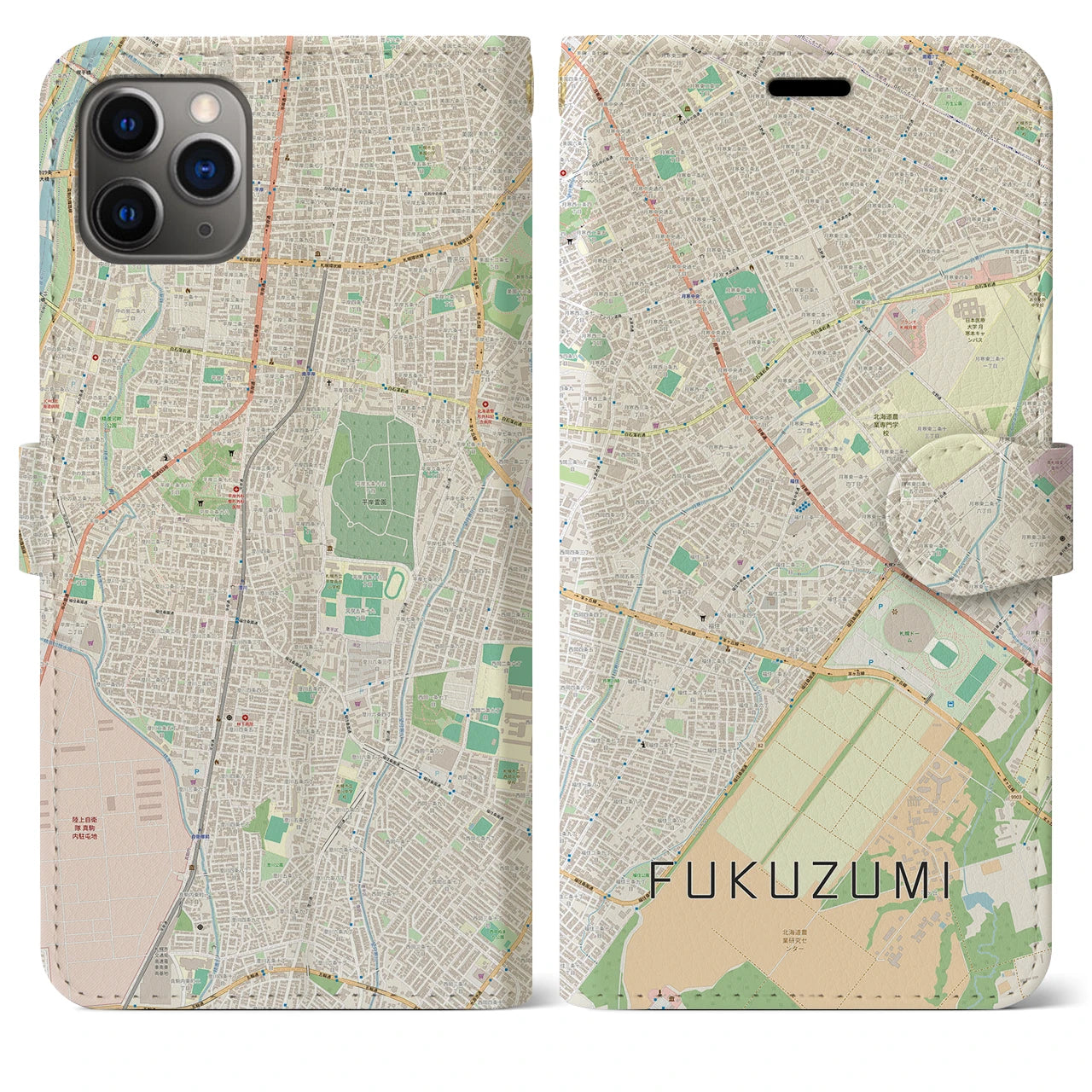 【福住（北海道）】地図柄iPhoneケース（手帳タイプ）ナチュラル・iPhone 11 Pro Max 用