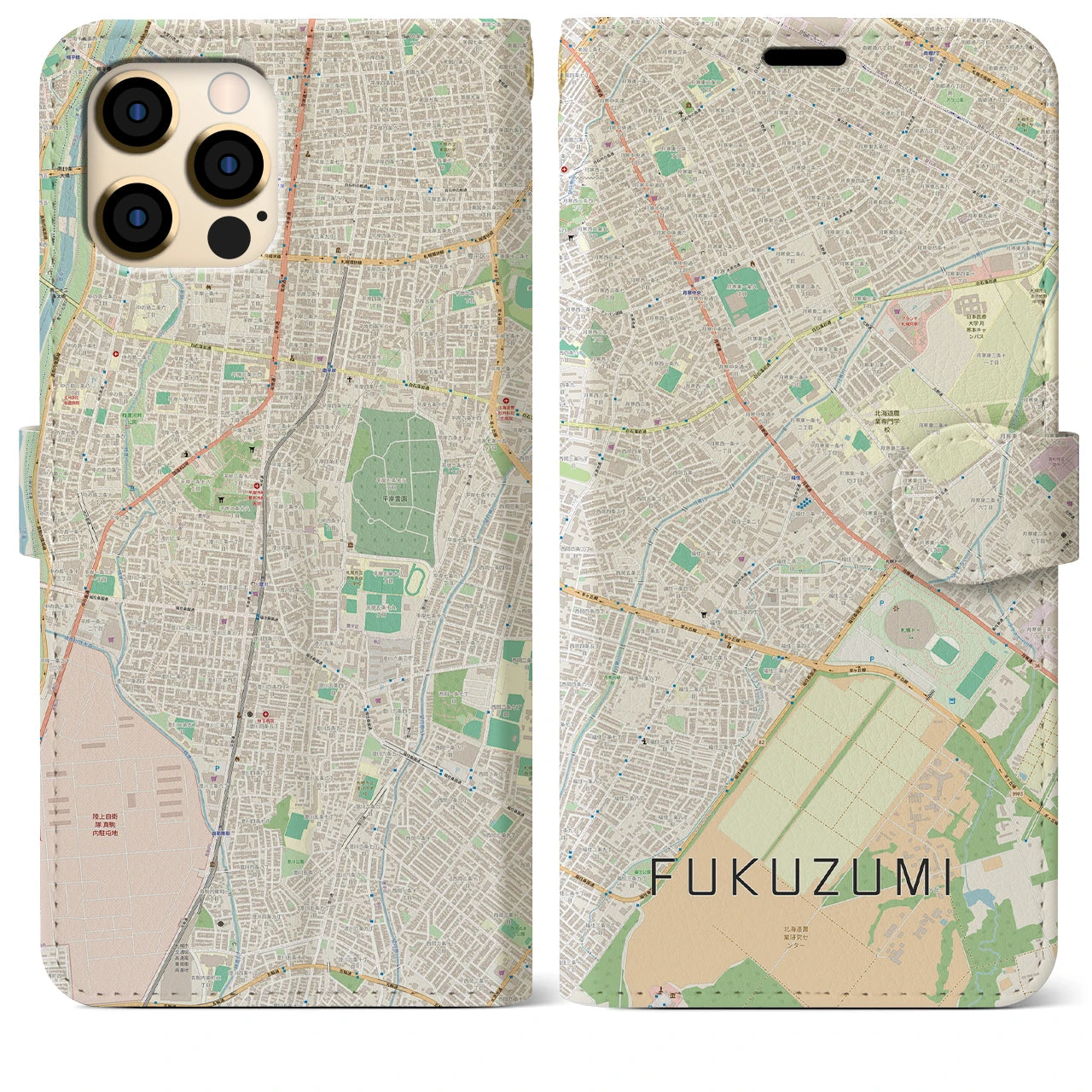 【福住（北海道）】地図柄iPhoneケース（手帳タイプ）ナチュラル・iPhone 12 Pro Max 用