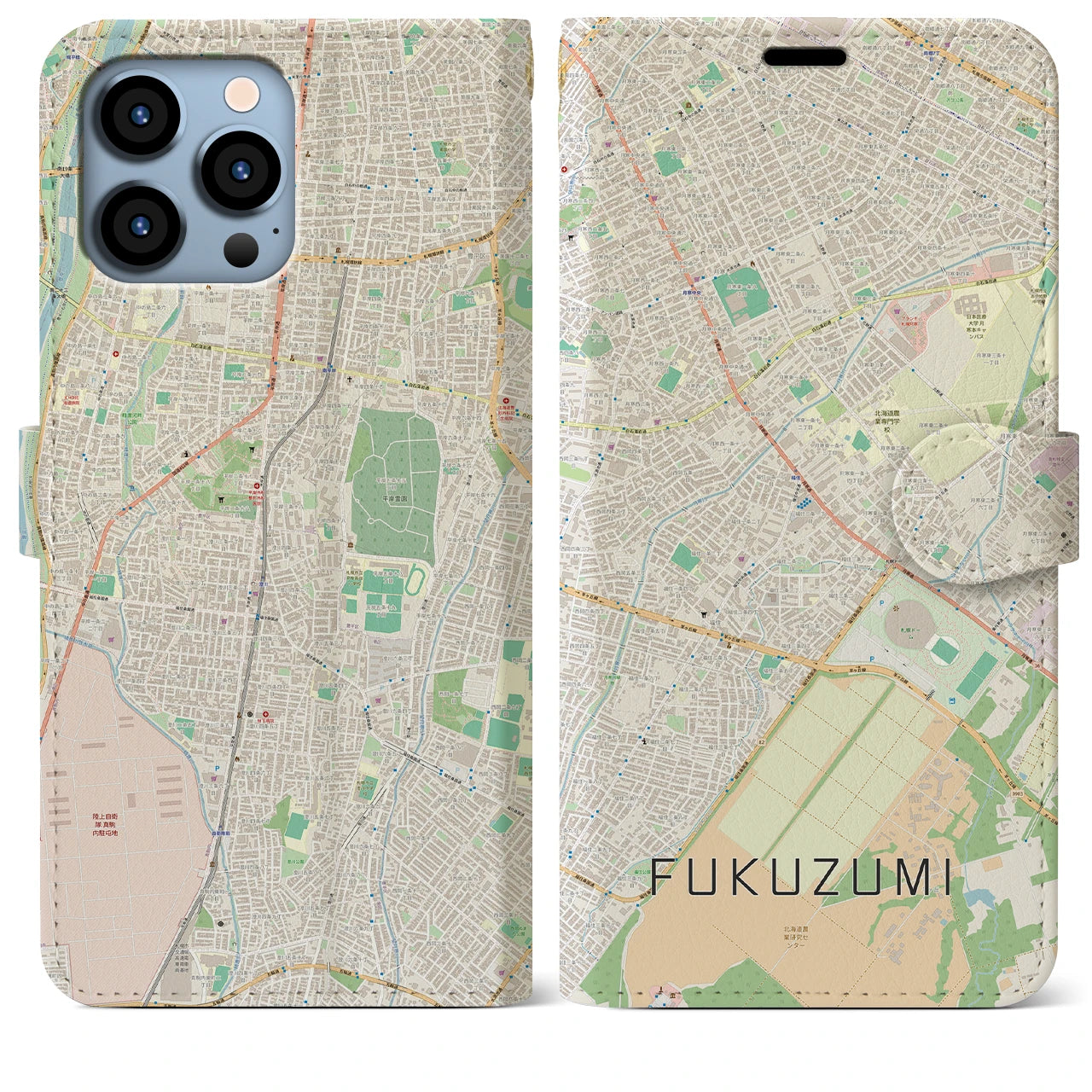 【福住（北海道）】地図柄iPhoneケース（手帳タイプ）ナチュラル・iPhone 13 Pro Max 用