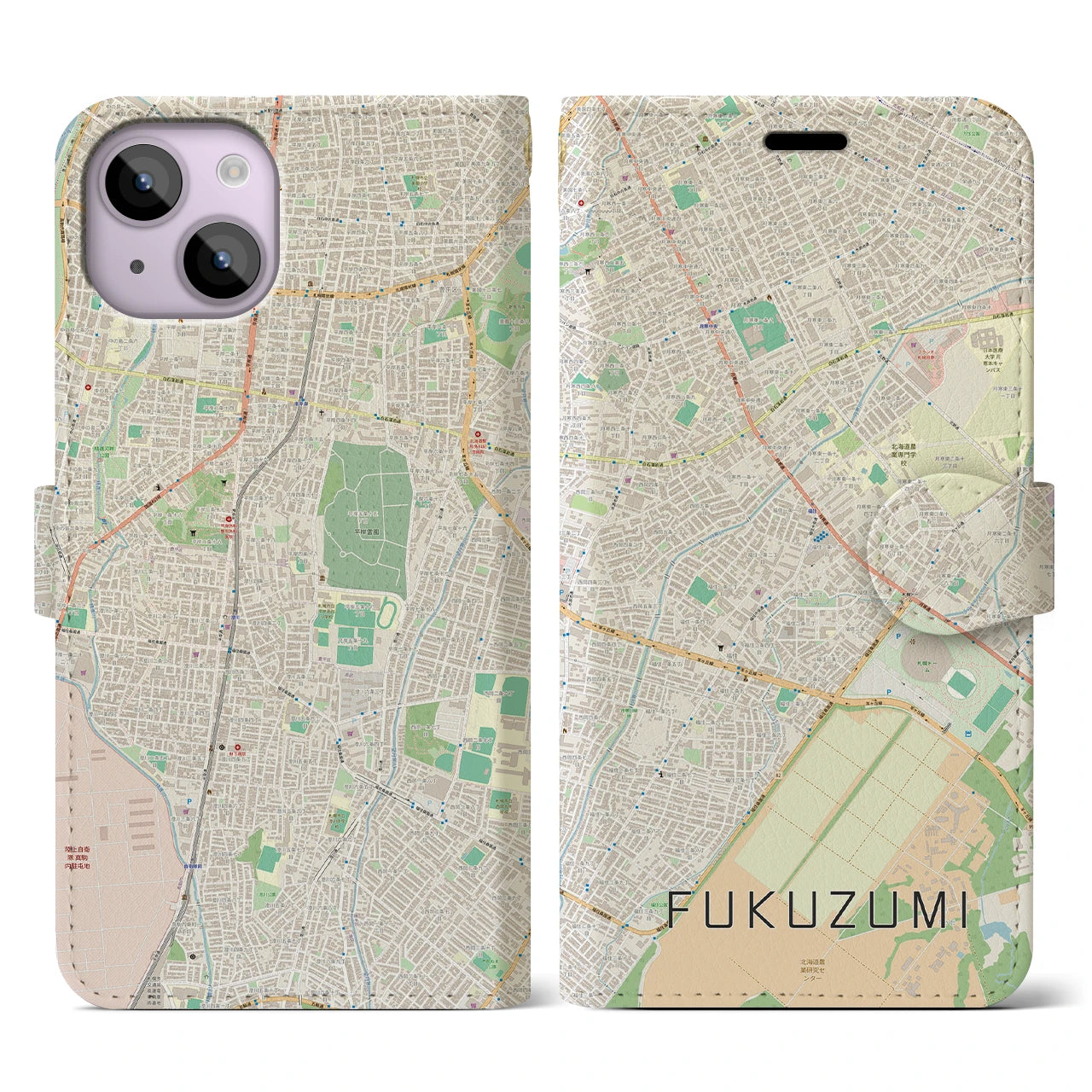 【福住（北海道）】地図柄iPhoneケース（手帳タイプ）ナチュラル・iPhone 14 用