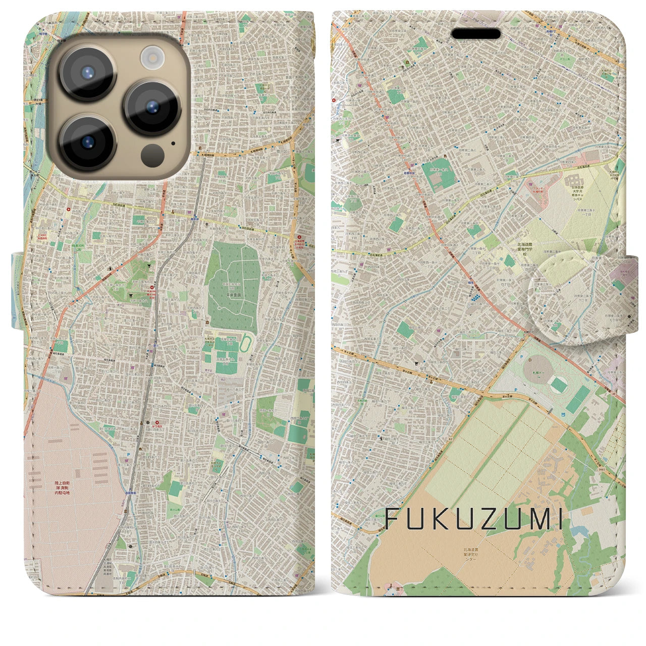 【福住（北海道）】地図柄iPhoneケース（手帳タイプ）ナチュラル・iPhone 14 Pro Max 用