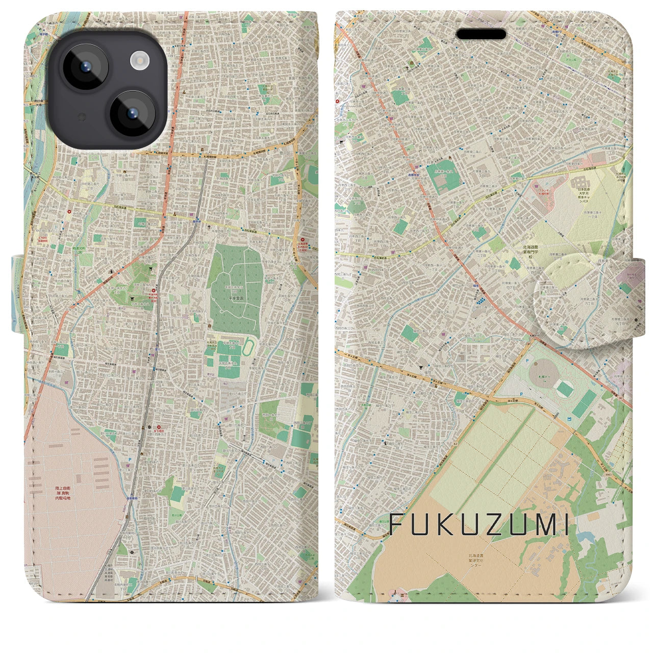 【福住（北海道）】地図柄iPhoneケース（手帳タイプ）ナチュラル・iPhone 14 Plus 用