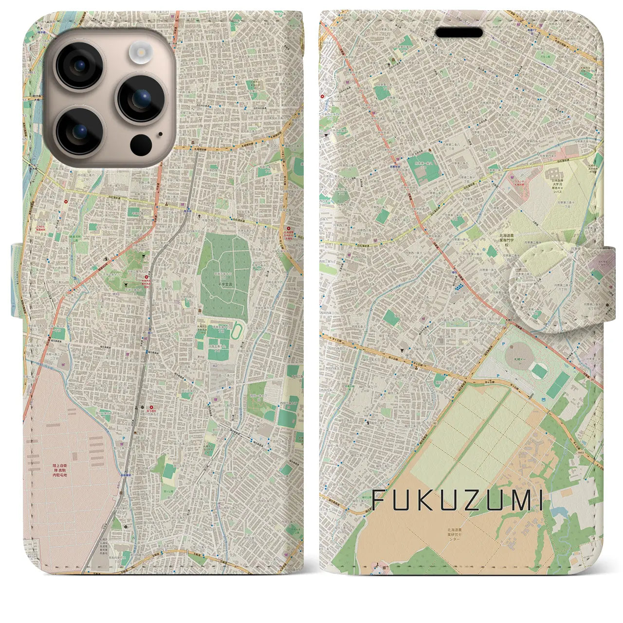 【福住（北海道）】地図柄iPhoneケース（手帳タイプ）ナチュラル・iPhone 16 Plus 用