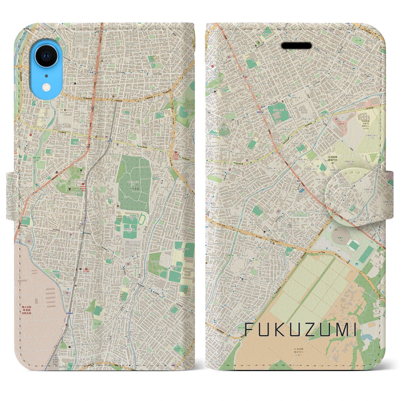 【福住（北海道）】地図柄iPhoneケース（手帳タイプ）ナチュラル・iPhone XR 用