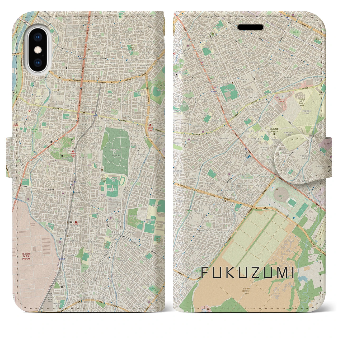 【福住（北海道）】地図柄iPhoneケース（手帳タイプ）ナチュラル・iPhone XS Max 用