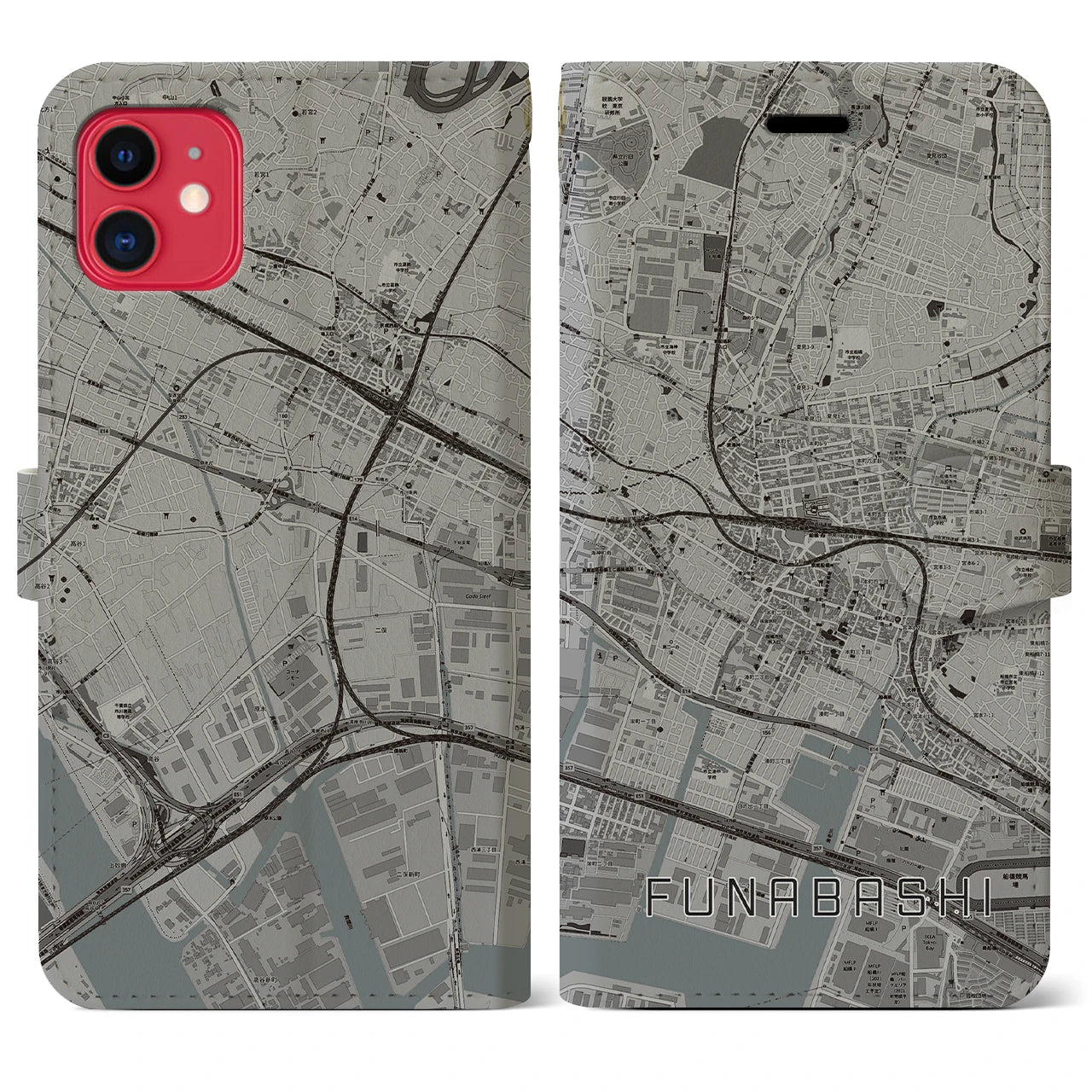 【船橋】地図柄iPhoneケース（手帳両面タイプ・モノトーン）iPhone 11 用