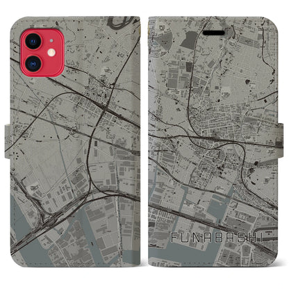 【船橋（千葉県）】地図柄iPhoneケース（手帳タイプ）モノトーン・iPhone 11 用